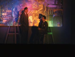 Bel-Jon and Christopher with mural under colored lights